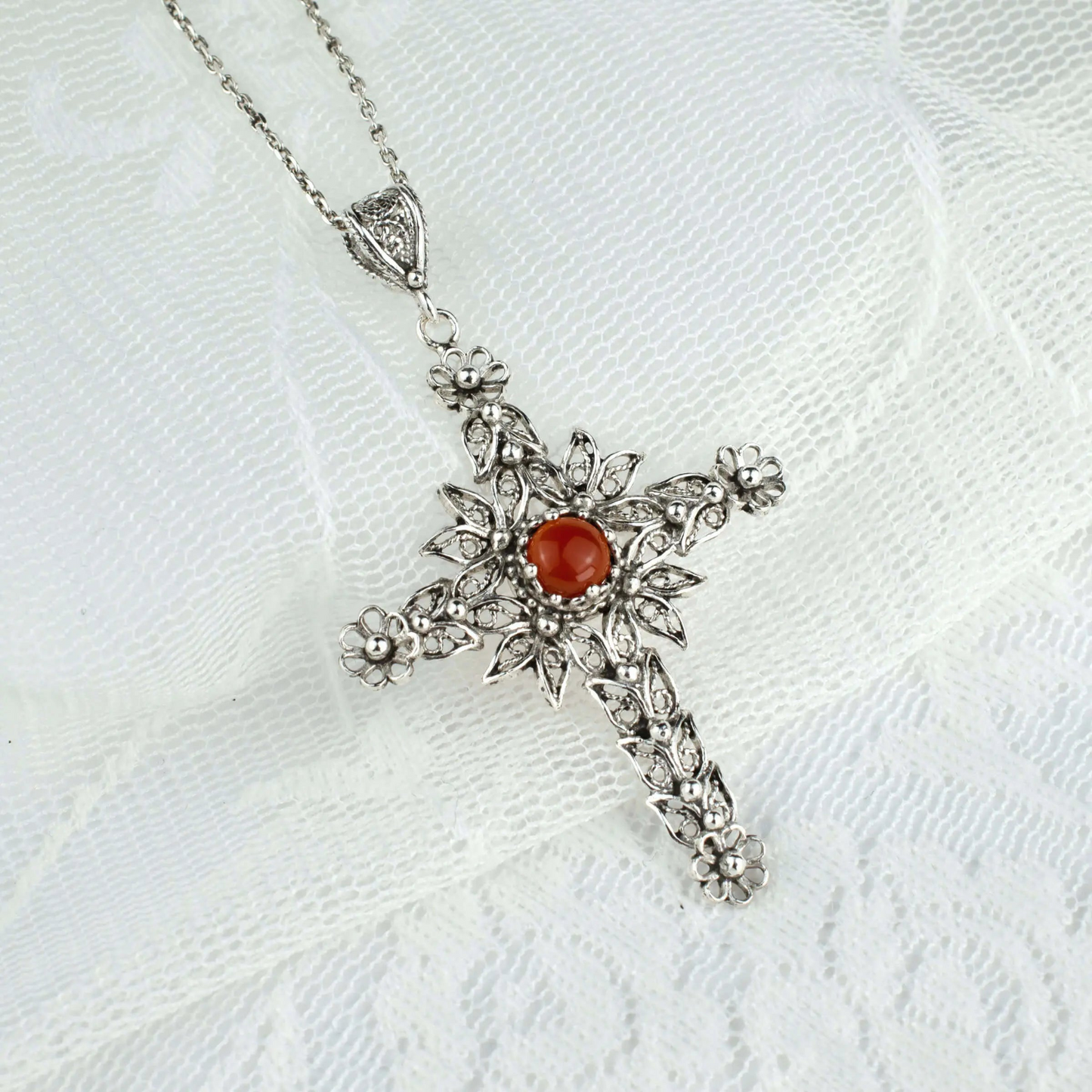 FiligranIst - Handcrafted Filigree Art Carnelian Gemstone Silver Cross Pendant Necklace