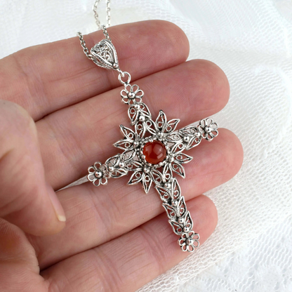 FiligranIst - Handcrafted Filigree Art Carnelian Gemstone Silver Cross Pendant Necklace