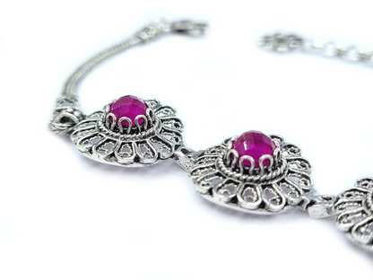 FiligranIst - Filigree Art Ruby Corundum Gemstone Women Silver Link Bracelet