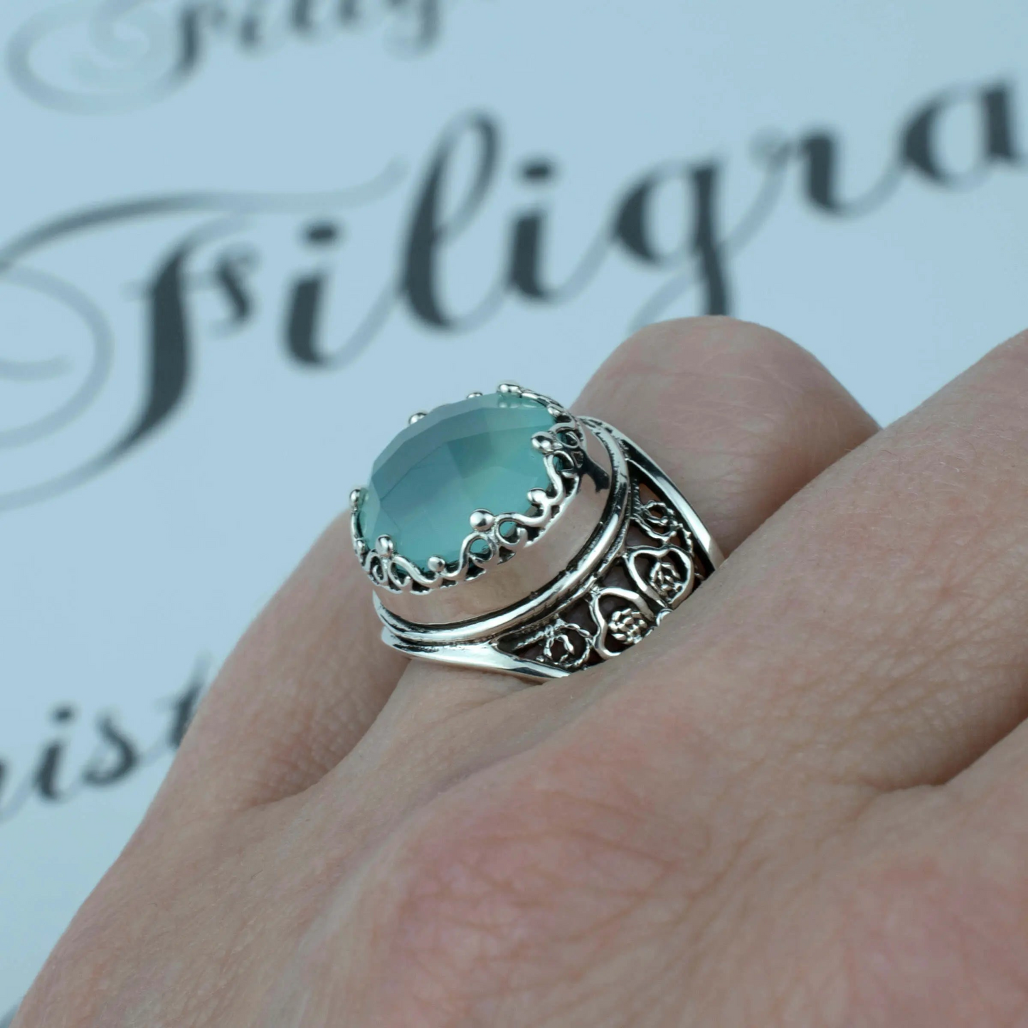 FiligranIst - Aqua Chalcedony Gemstone Crown Silver Statement Ring