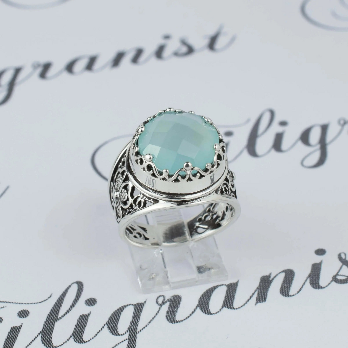 FiligranIst - Aqua Chalcedony Gemstone Crown Silver Statement Ring