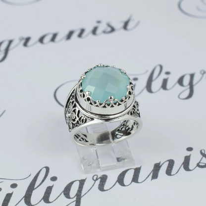 FiligranIst - Aqua Chalcedony Gemstone Crown Silver Statement Ring