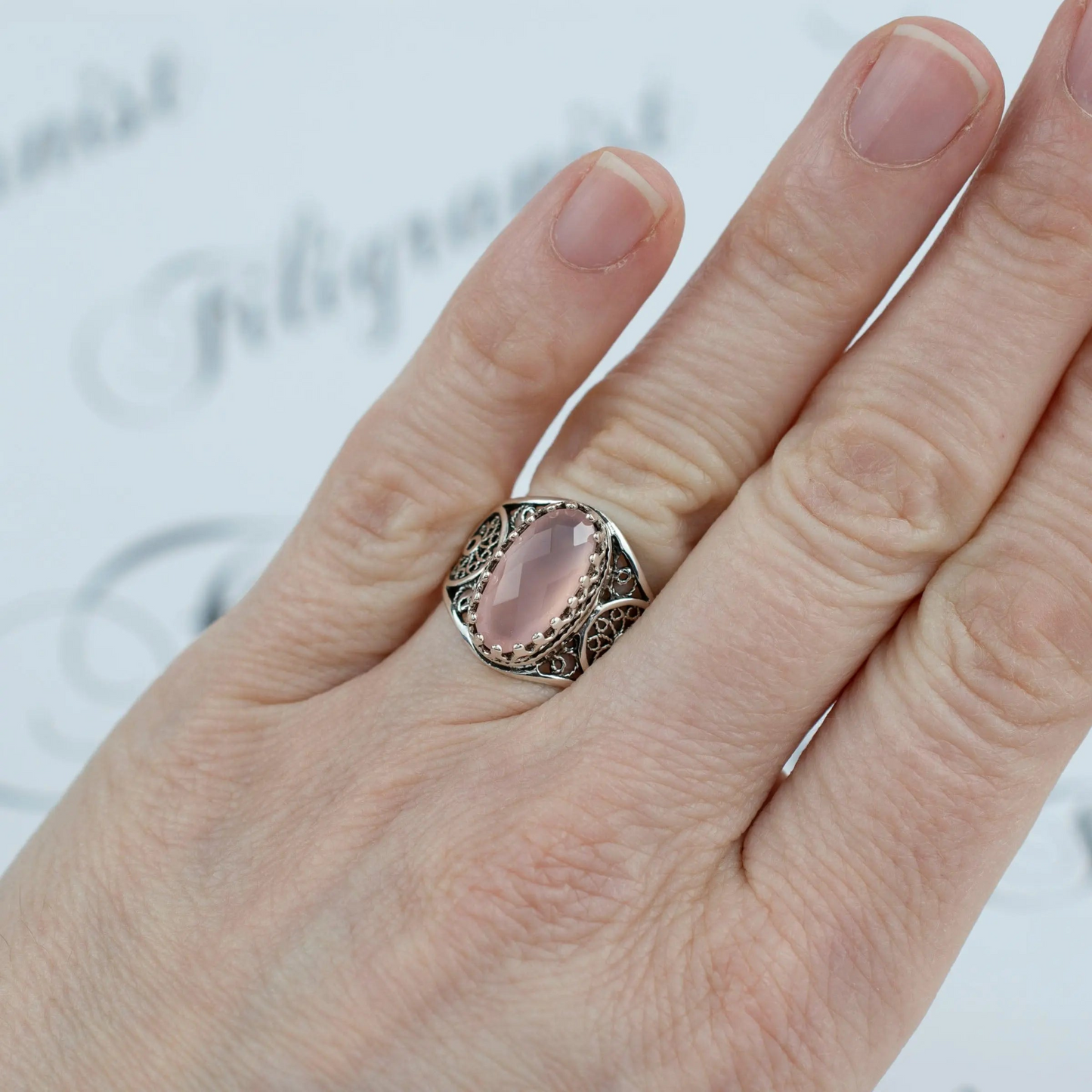 FiligranIst - Pink Chalcedony Gemstone Sterling Silver Filigree Ring