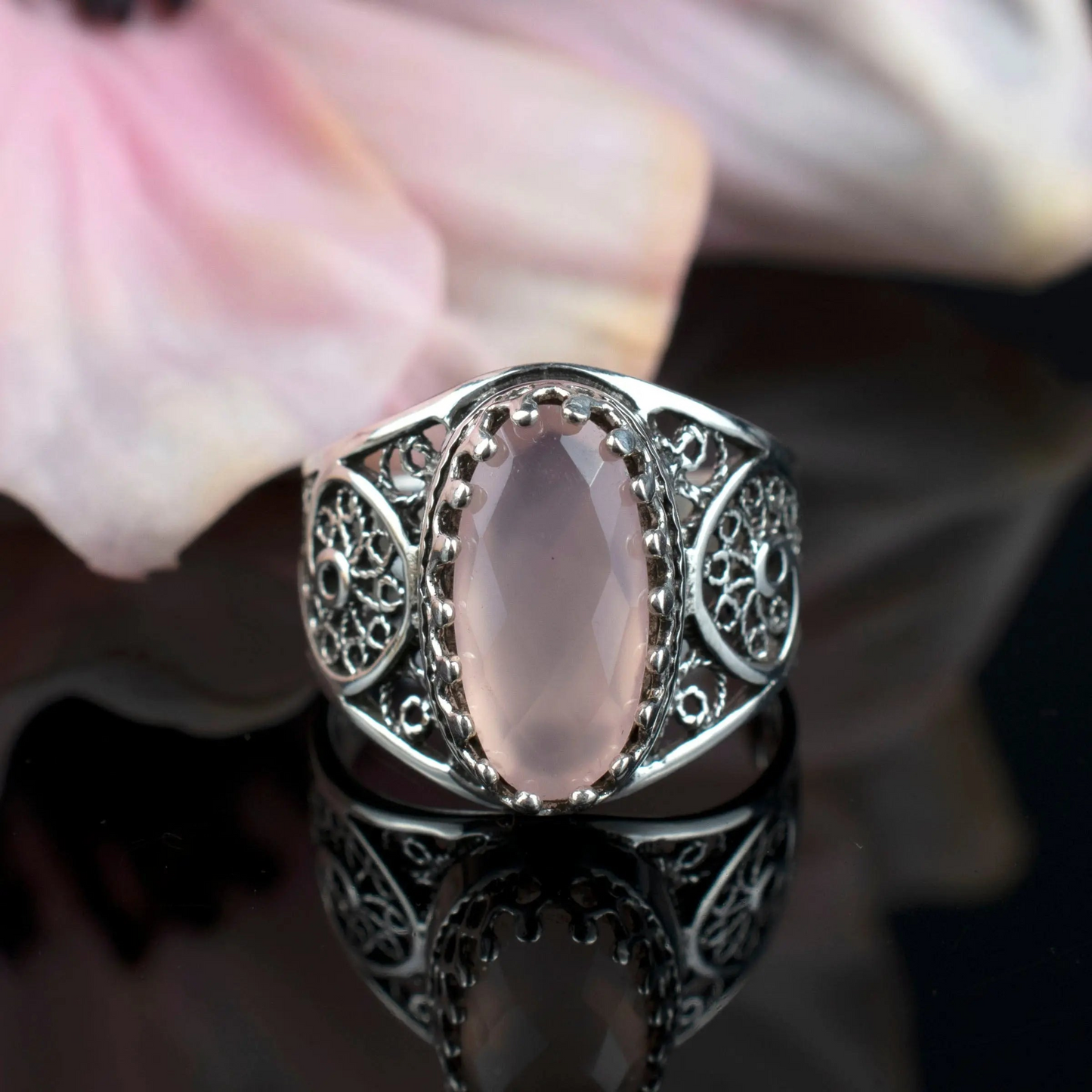 FiligranIst - Pink Chalcedony Gemstone Sterling Silver Filigree Ring