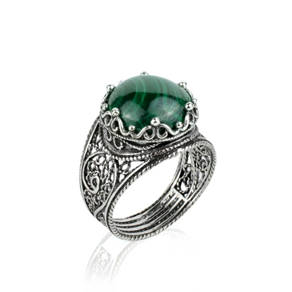 FiligranIst - Malachite Gemstone Crown Filigree Silver Cocktail Ring