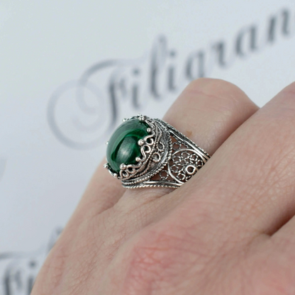 FiligranIst - Malachite Gemstone Crown Filigree Silver Cocktail Ring