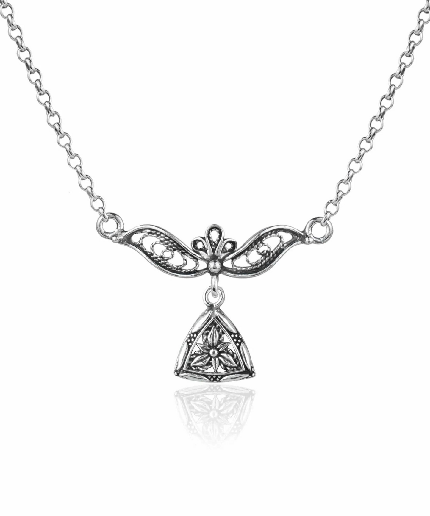 FiligranIst - Filigree Art Lotus Flower on Triangle Silver Choker Necklace