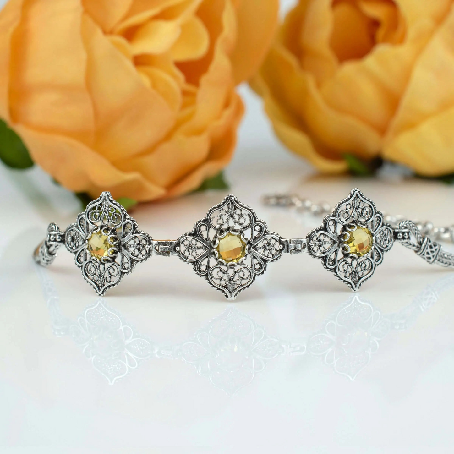 FiligranIst - Filigree Art Citrine Gemstone Women Adjustable Silver Link Bracelet