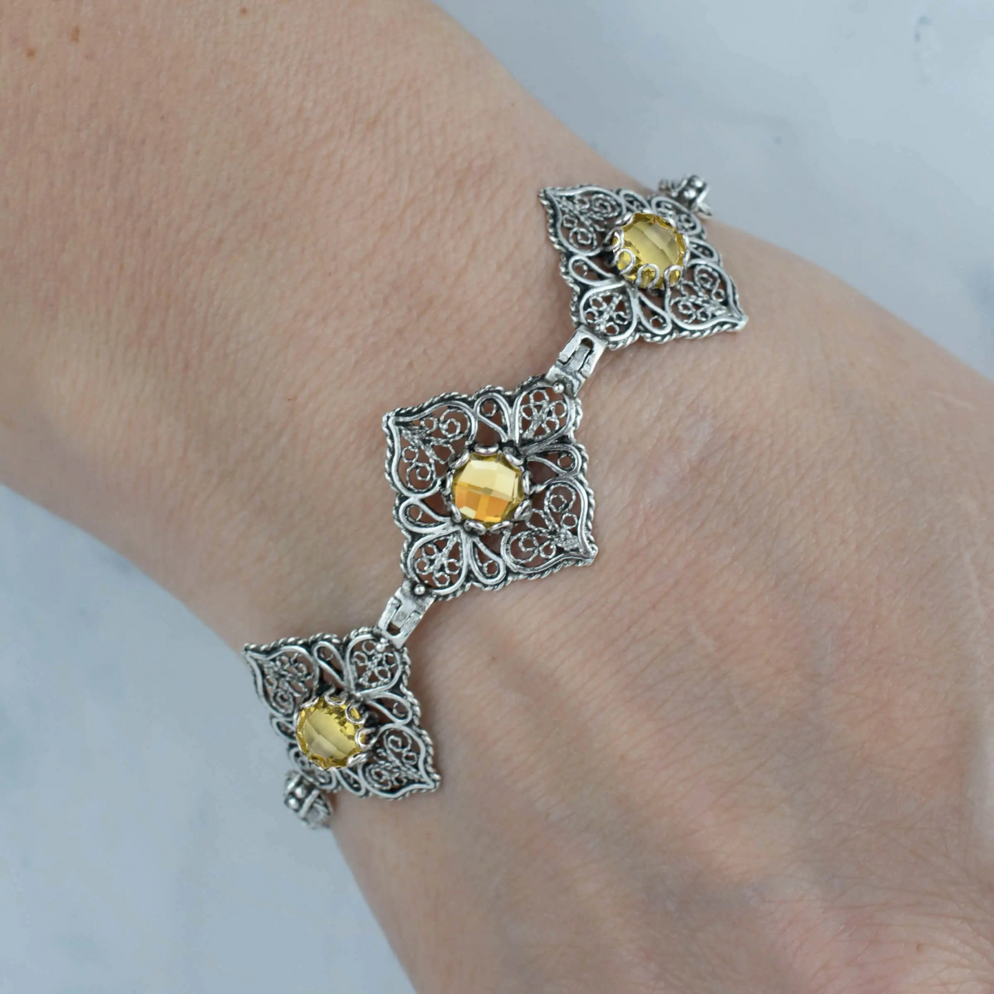 FiligranIst - Filigree Art Citrine Gemstone Women Adjustable Silver Link Bracelet