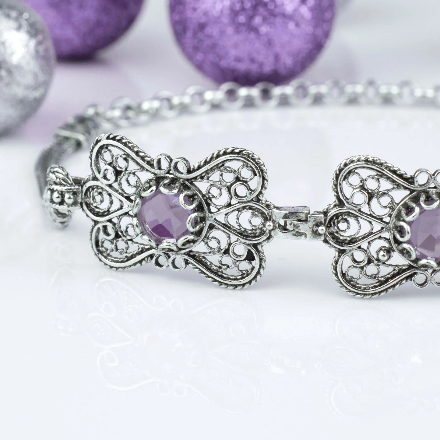 FiligranIst - Filigree Art Amethyst Gemstone Women Butterfly Silver Link Bracelet