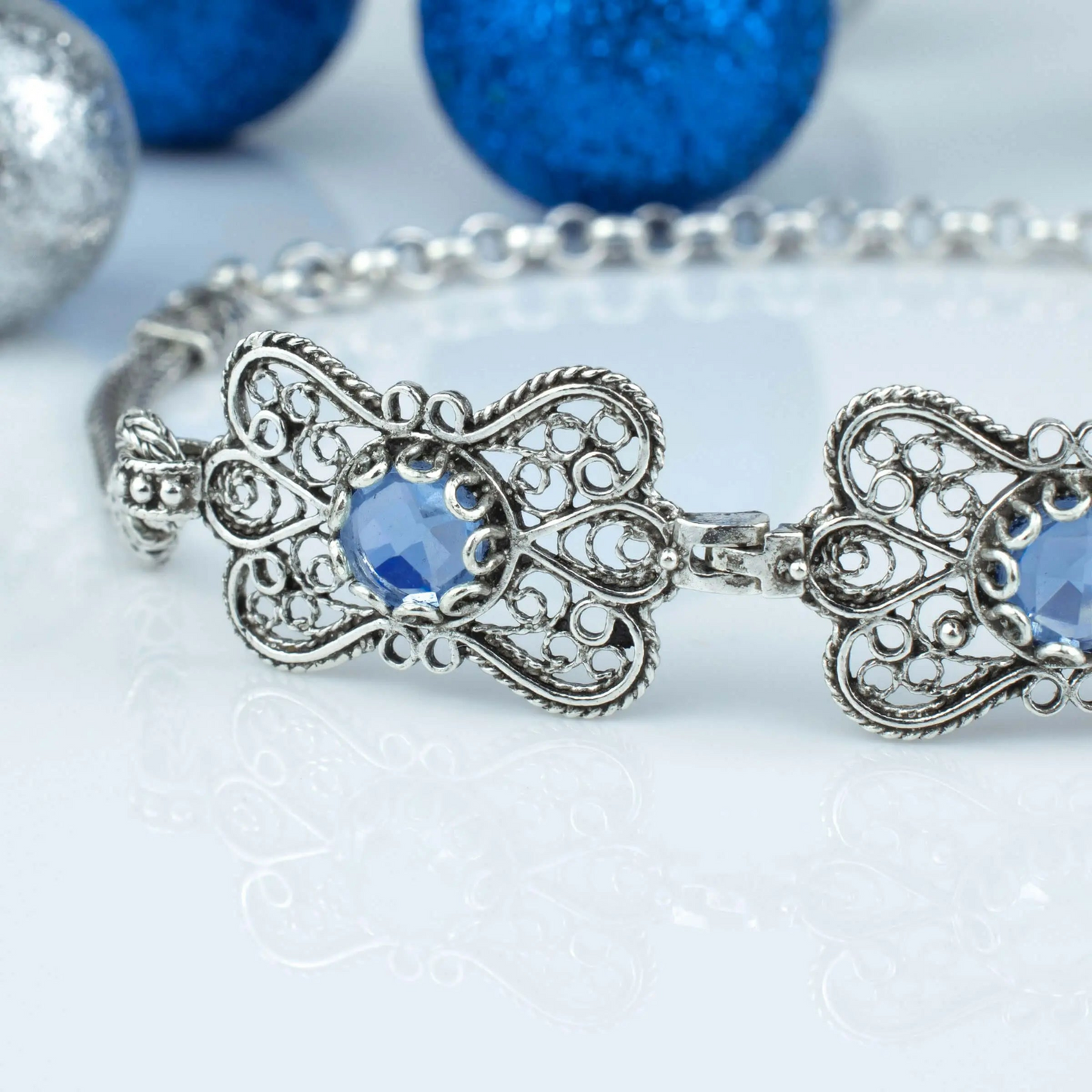 FiligranIst - Filigree Art Blue Quartz Gemstone Women Butterfly Silver Link Bracelet