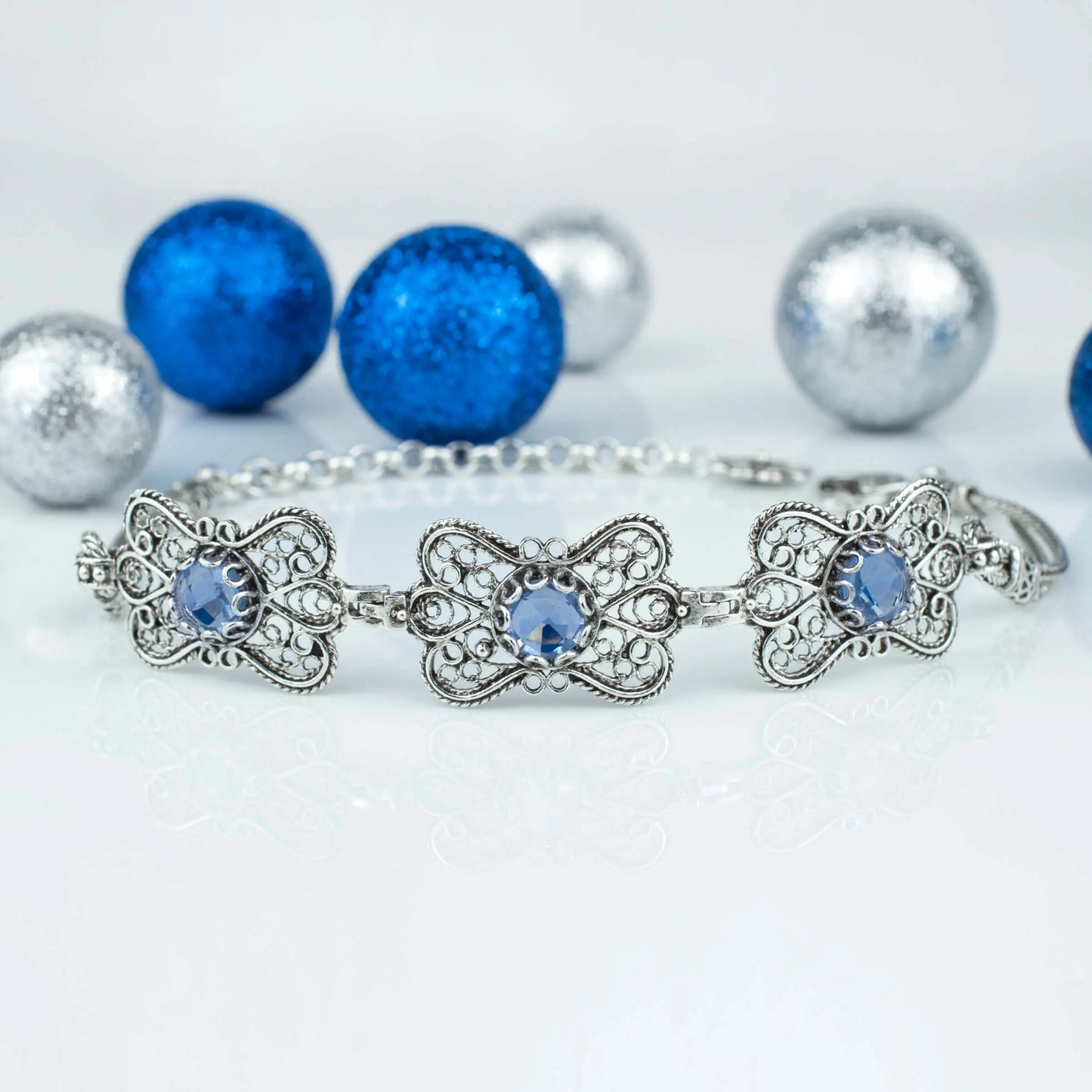 FiligranIst - Filigree Art Blue Quartz Gemstone Women Butterfly Silver Link Bracelet