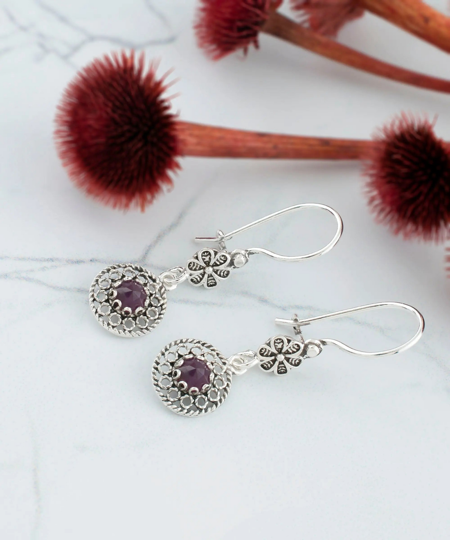 FiligranIst - Filigree Art Sun Figured Gemstone Women Silver Dangle Earrings