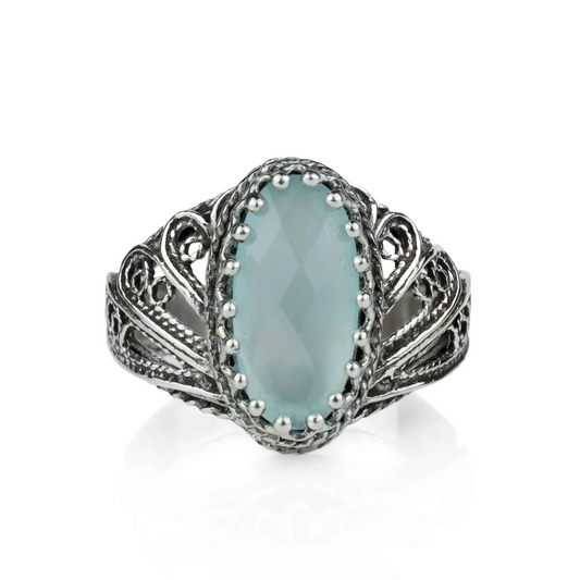 FiligranIst - Aqua Chalcedony Gemstone Angel Wing Filigree Silver Cocktail Ring