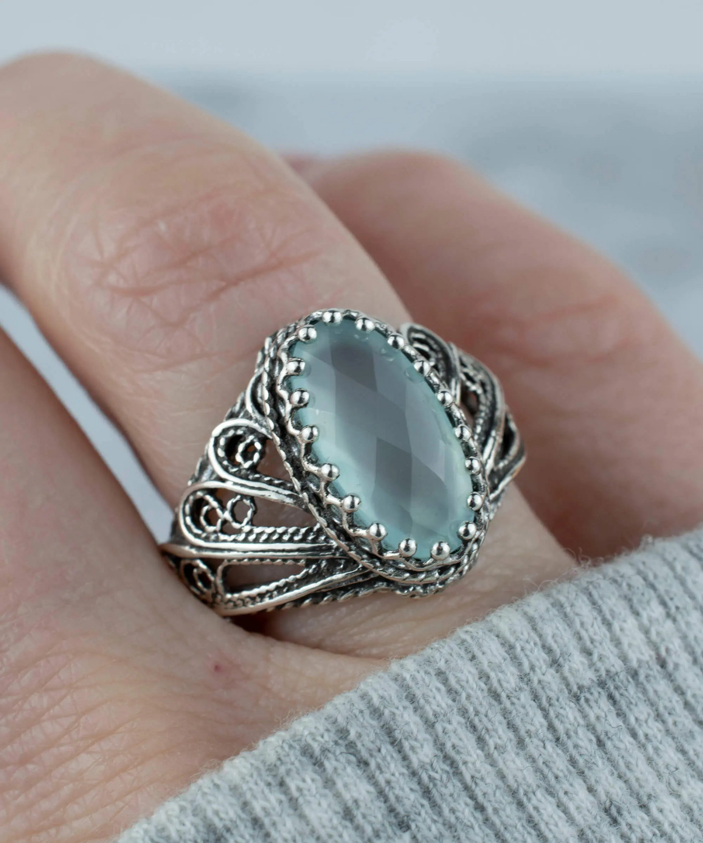 FiligranIst - Aqua Chalcedony Gemstone Angel Wing Filigree Silver Cocktail Ring