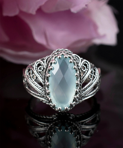 FiligranIst - Aqua Chalcedony Gemstone Angel Wing Filigree Silver Cocktail Ring