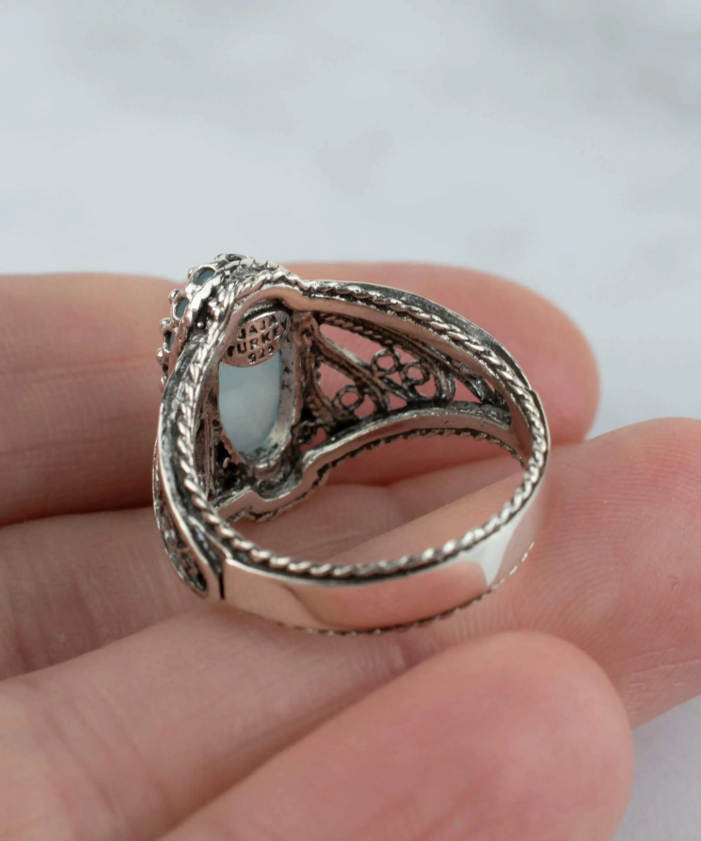 FiligranIst - Aqua Chalcedony Gemstone Angel Wing Filigree Silver Cocktail Ring