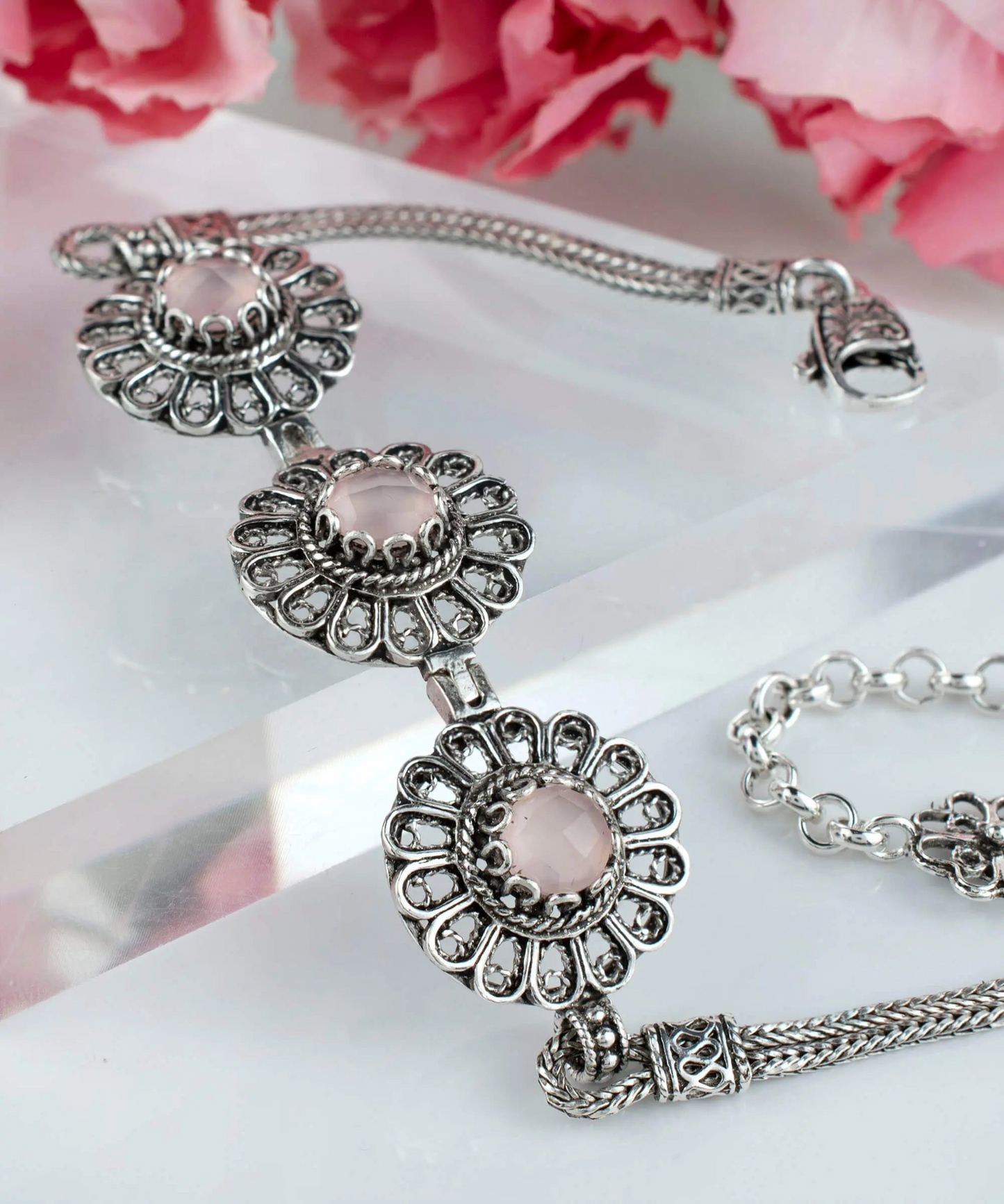 FiligranIst - Filigree Art Pink Chalcedony Gemstone Women Silver Link Bracelet