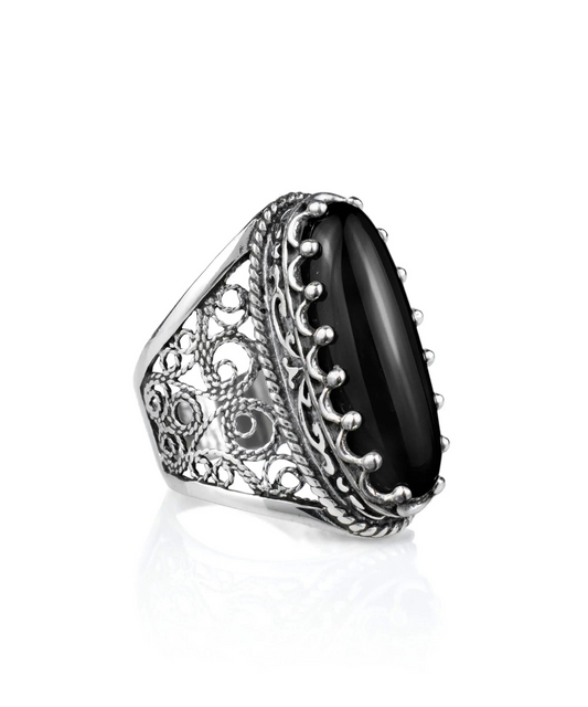 FiligranIst - Black Onyx Gemstone Silver Long Statement Ring