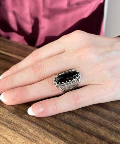 FiligranIst - Black Onyx Gemstone Silver Long Statement Ring