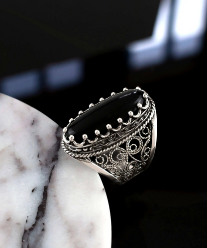 FiligranIst - Black Onyx Gemstone Silver Long Statement Ring