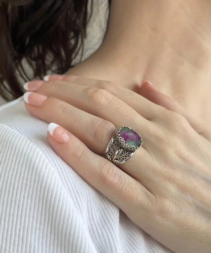 FiligranIst -  Ruby Zoisite Tulip Filigree Silver Statement Ring