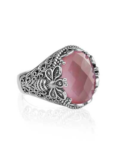 FiligranIst - Bee Detailed Pink Chalcedony Gemstone Silver Statement Ring