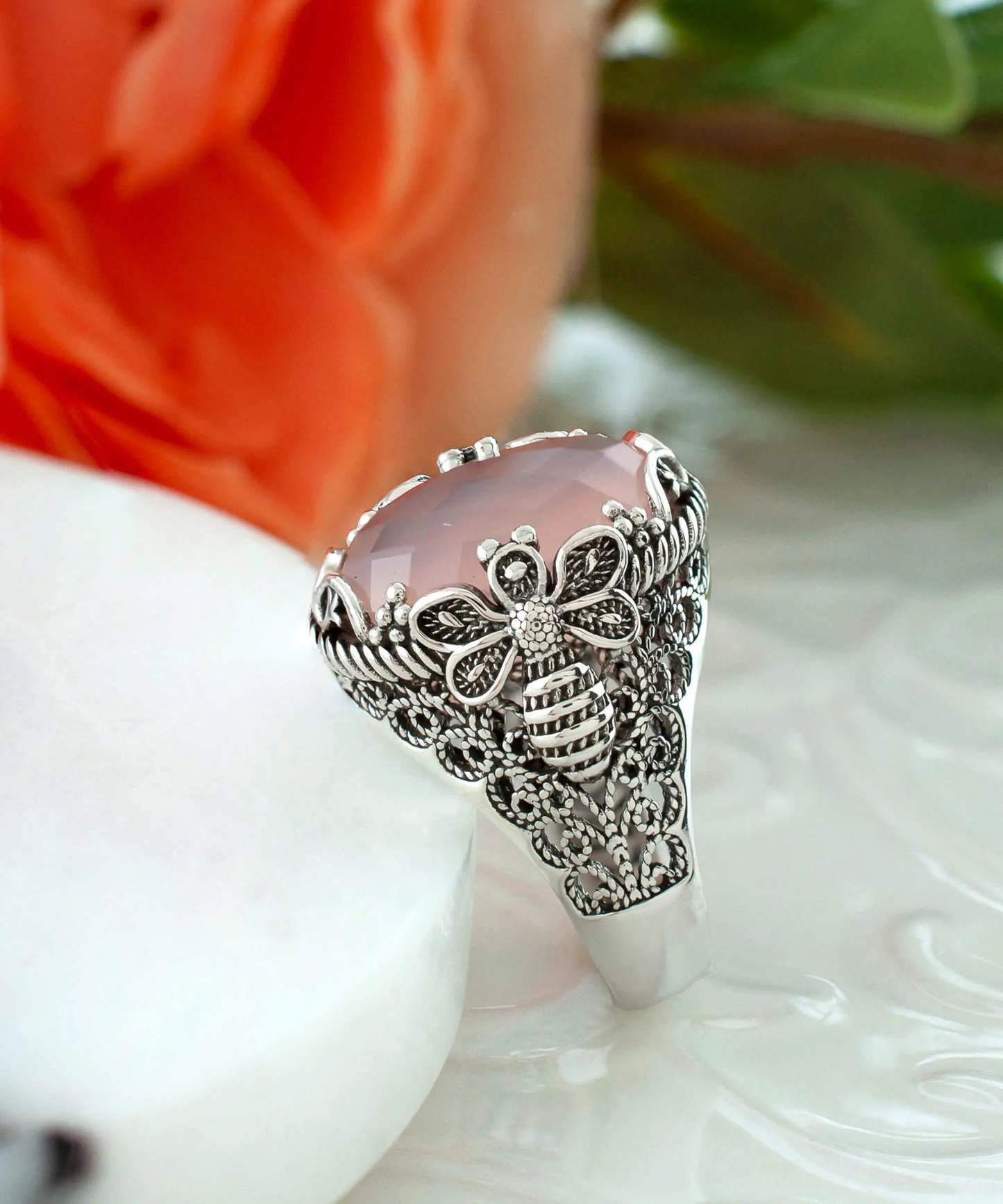 FiligranIst - Bee Detailed Pink Chalcedony Gemstone Silver Statement Ring