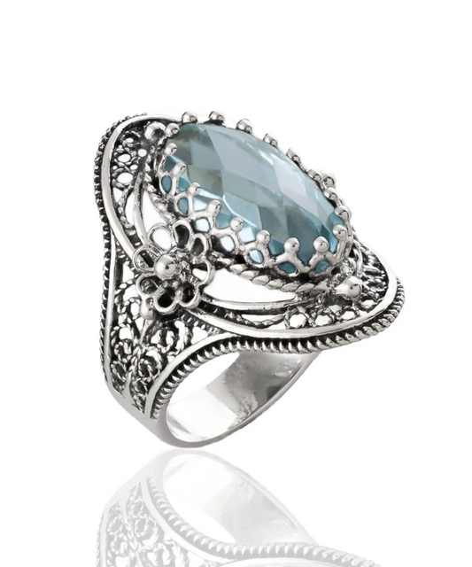 FiligranIst - Blue Topaz Sterling Silver Statement Ring with Daisy Accents