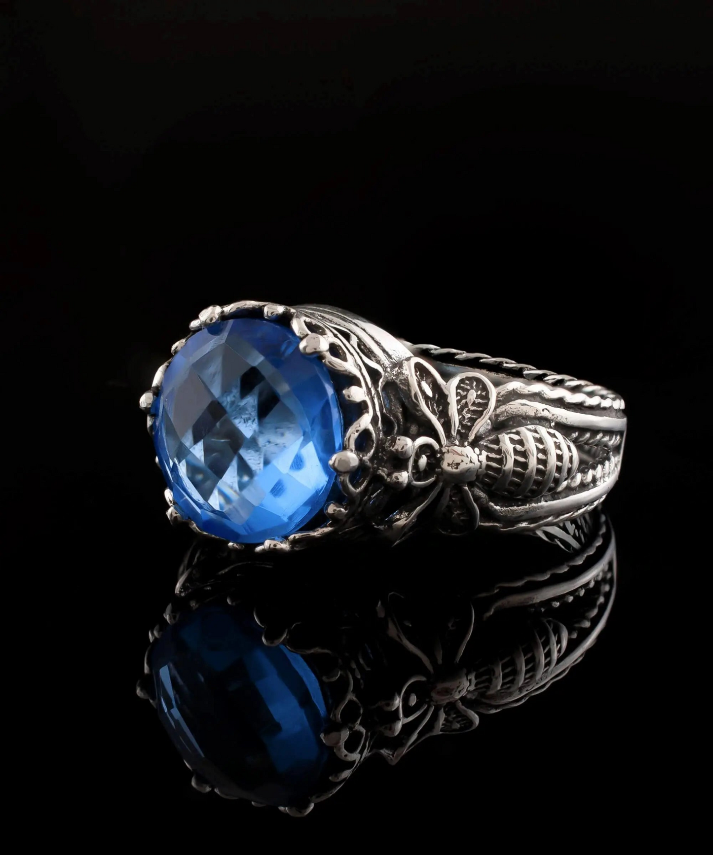 FiligranIst - Silver Filigree Bee & Blue Quartz Cocktail Ring