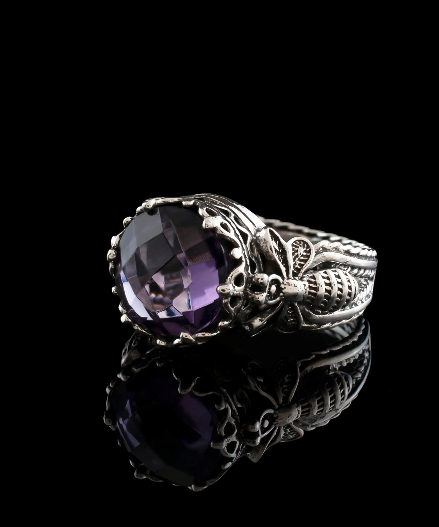 FiligranIst - Amethyst Gemstone Double Queen Bee Detailed Silver Cocktail Ring