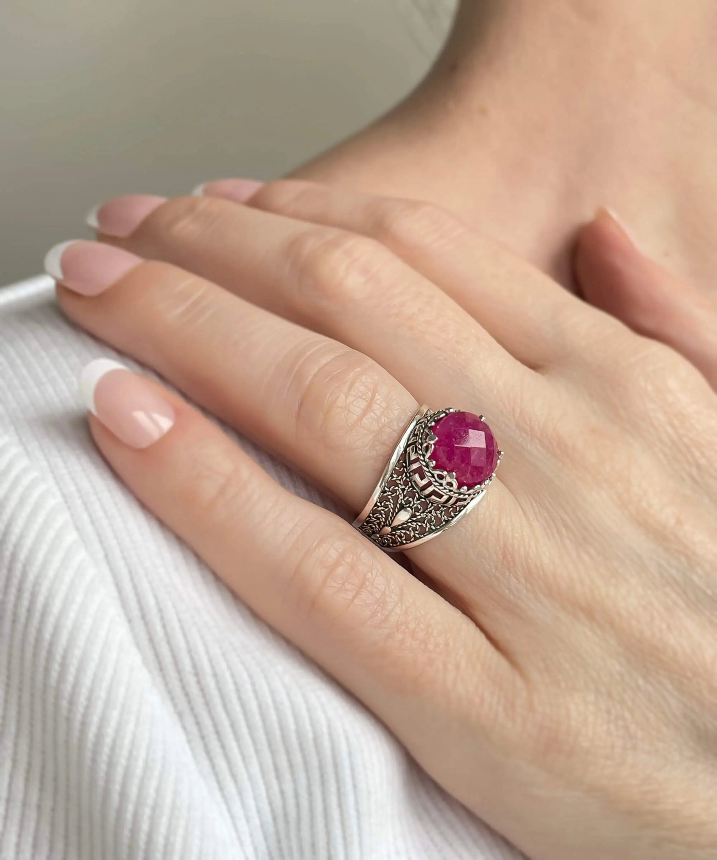 FiligranIst - Sterling Silver Greek Key Cocktail Ring with Ruby Corundum