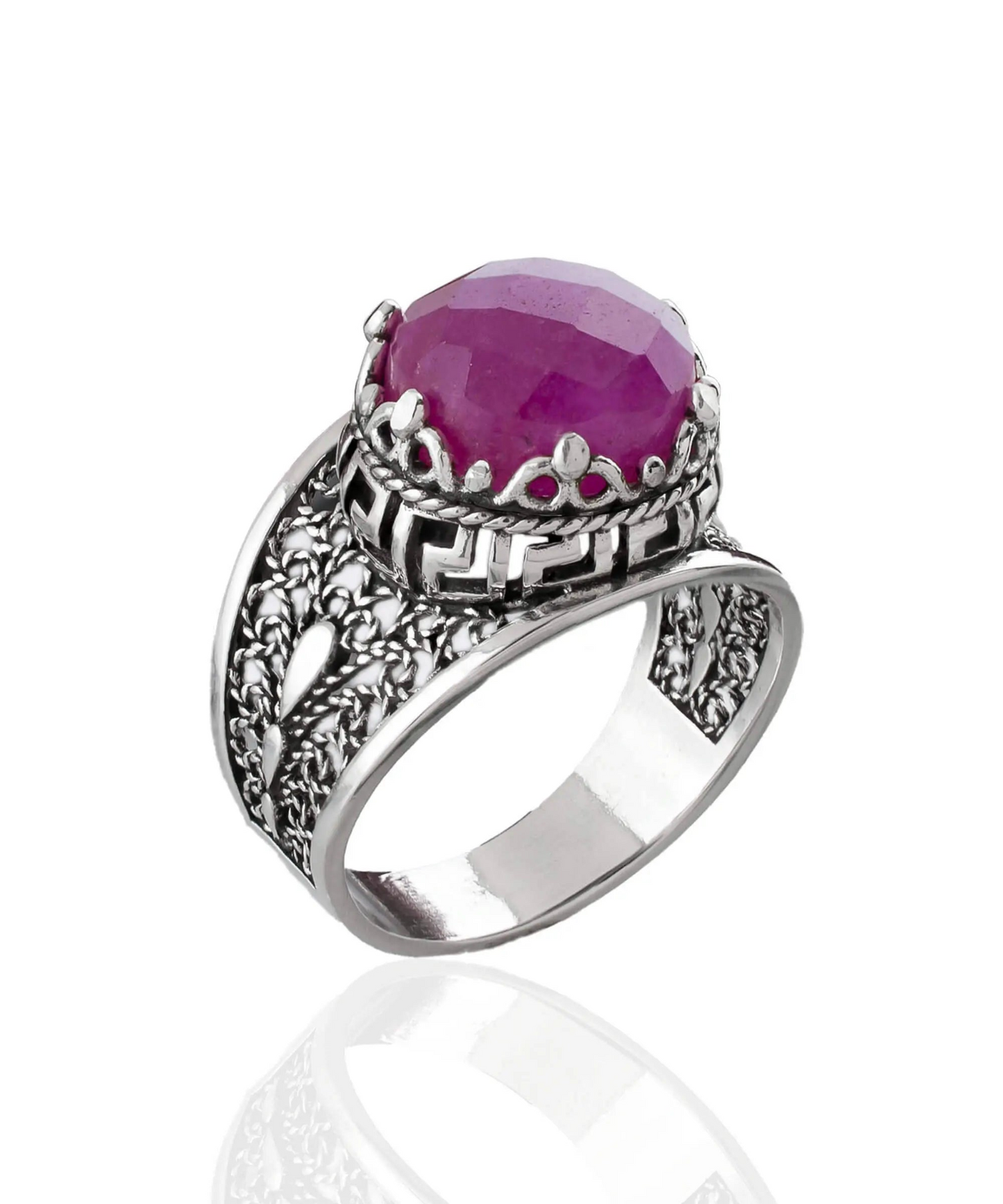 FiligranIst - Sterling Silver Greek Key Cocktail Ring with Ruby Corundum