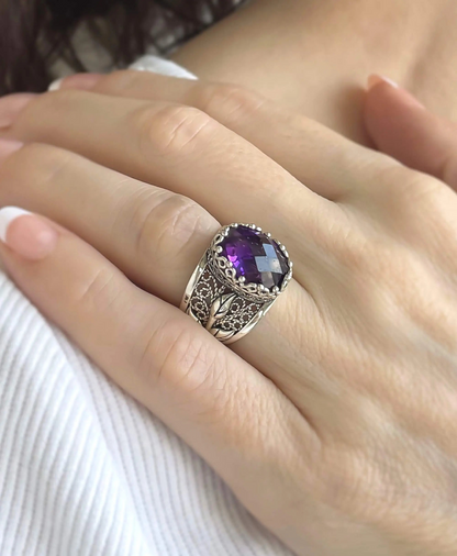 FiligranIst - Amethyst Gemstone Tulip Detailed Silver Statement Ring