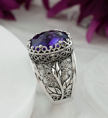 FiligranIst - Amethyst Gemstone Tulip Detailed Silver Statement Ring