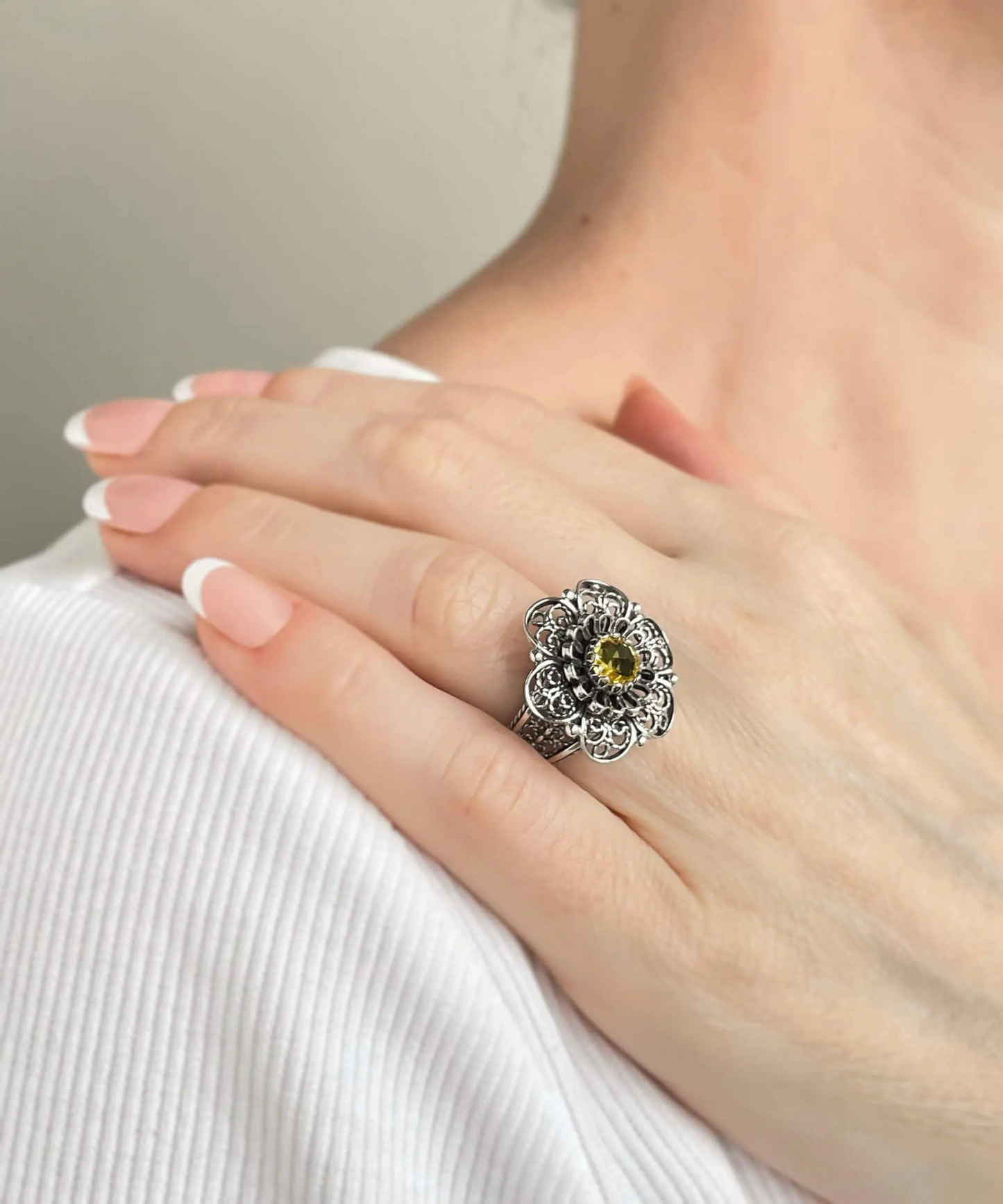 FiligranIst - Citrine Daisy Filigree Statement Ring