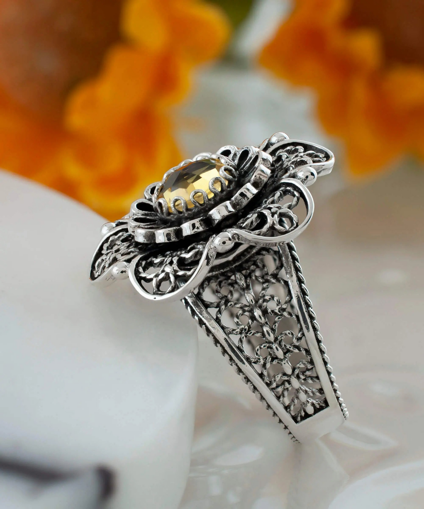 FiligranIst - Citrine Daisy Filigree Statement Ring