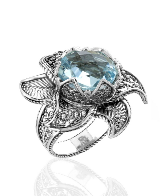 FiligranIst - Lotus Flower Blue Topaz Women's Silver Ring