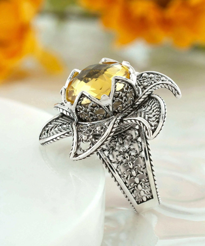 FiligranIst - Lotus Flower Citrine Gemstone Women's Silver Statement Ring