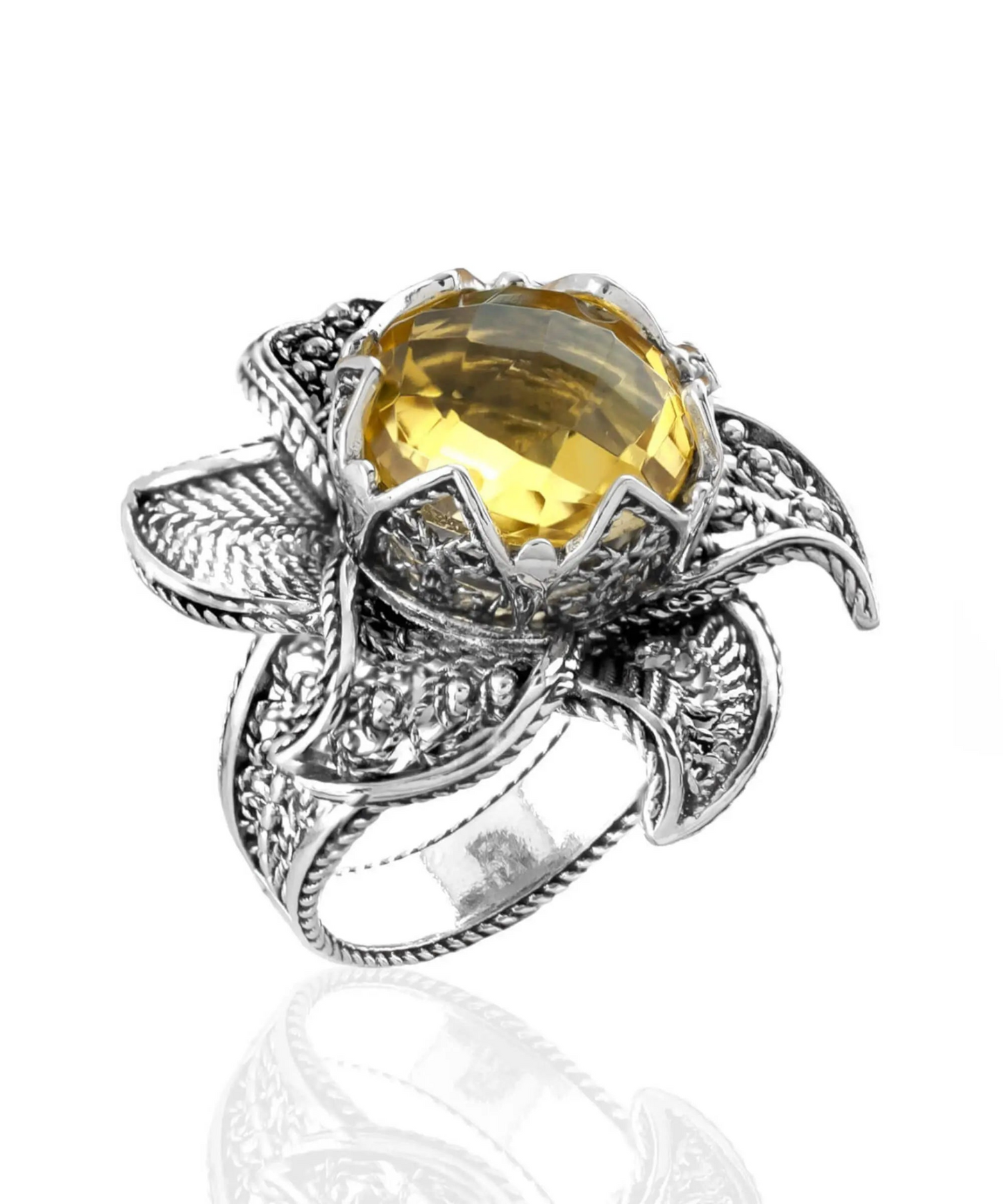 FiligranIst - Lotus Flower Citrine Gemstone Women's Silver Statement Ring