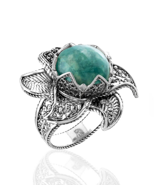 FiligranIst - Amazonite Gemstone Lotus Flower Silver Statement Ring