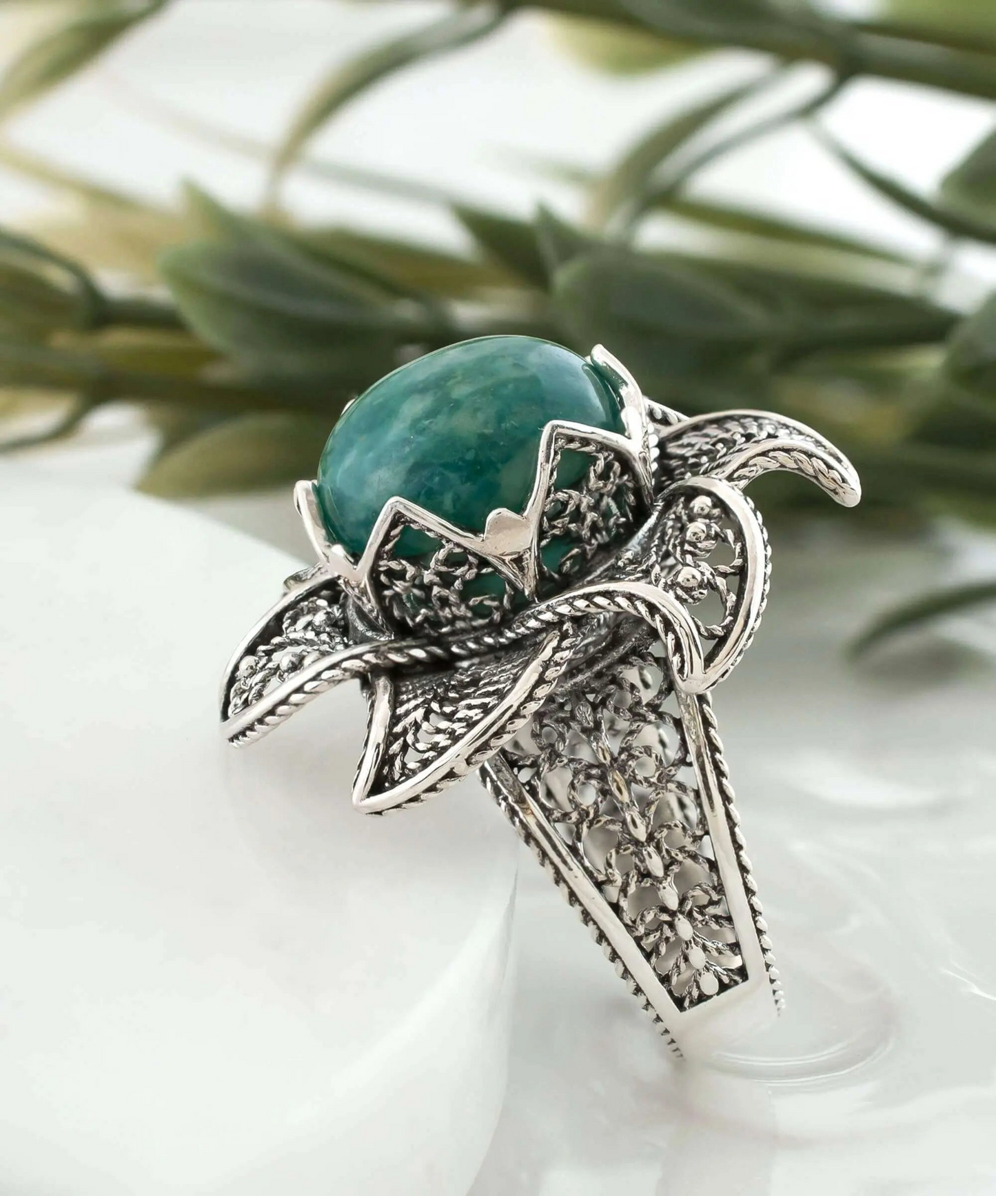 FiligranIst - Amazonite Gemstone Lotus Flower Silver Statement Ring