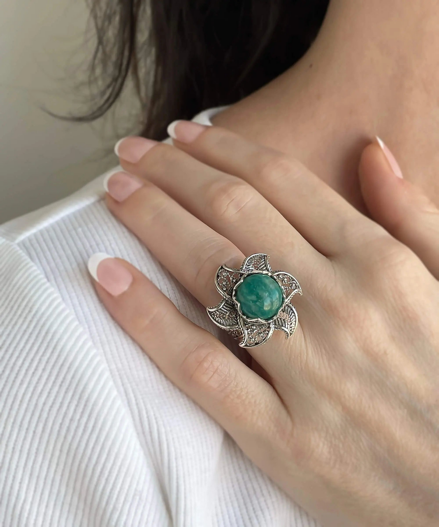 FiligranIst - Amazonite Gemstone Lotus Flower Silver Statement Ring