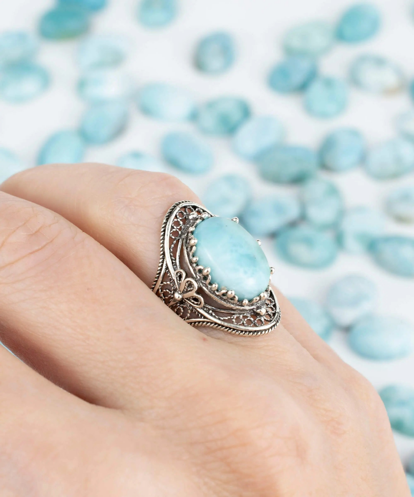 FiligranIst - Larimar Gemstone Filigree Silver Statement Ring