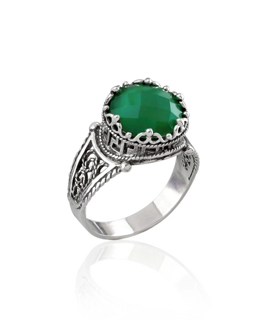 FiligranIst - Green Agate Gemstone Greek Key Filigree Silver Cocktail Ring