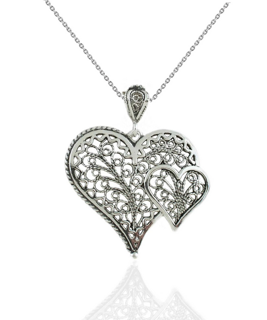 FiligranIst - Handcrafted Filigree Double Heart Silver Pendant Necklace