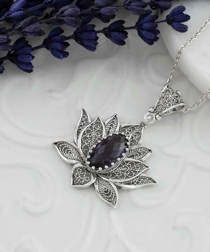 FiligranIst - Filigree Art Amethyst Gemstone Blossoming Lotus Flower Women Silver Pendant Necklace