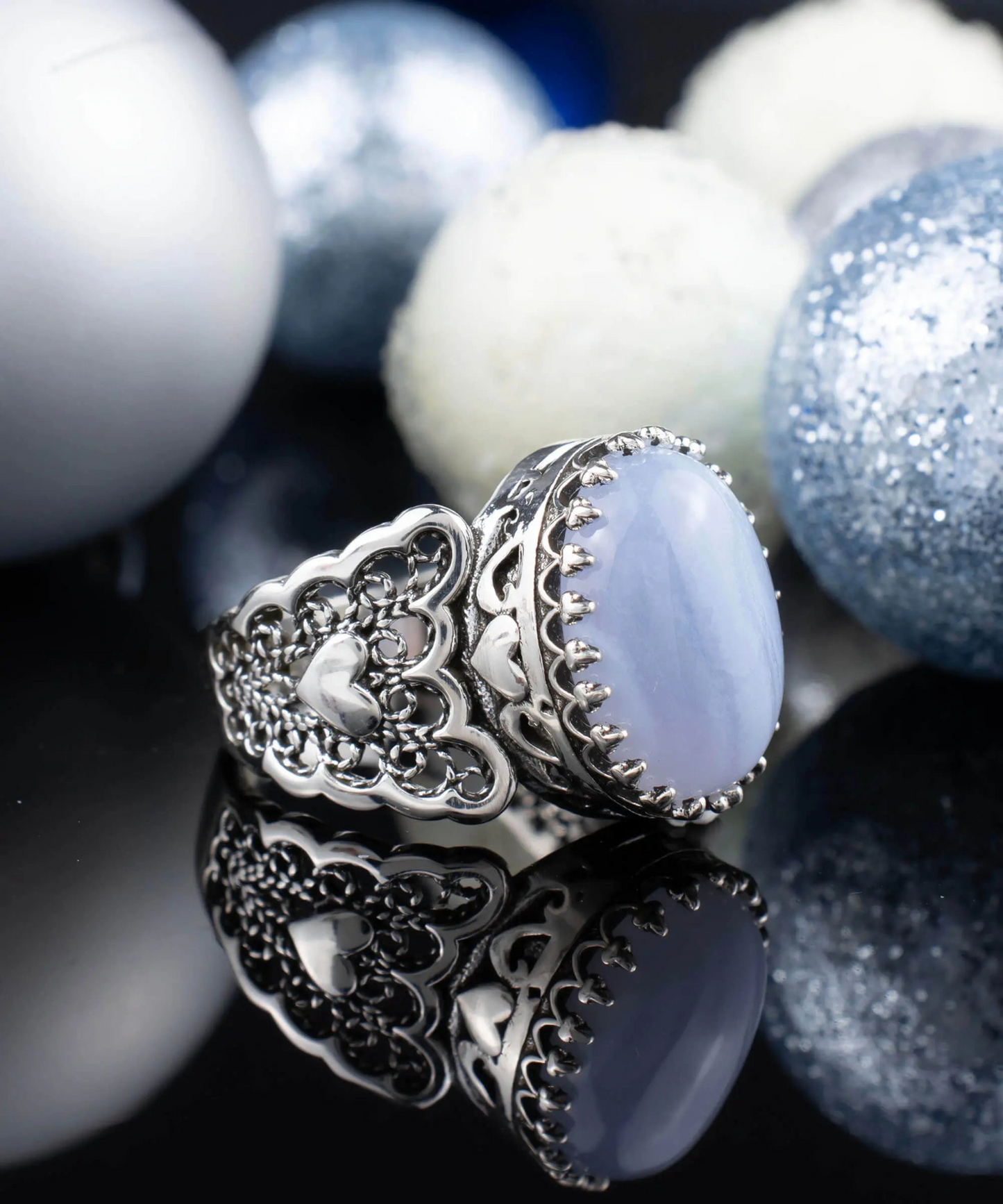 FiligranIst - Blue Lace Agate Double Heart Filigree Silver Statement Ring