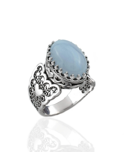 FiligranIst - Blue Lace Agate Double Heart Filigree Silver Statement Ring