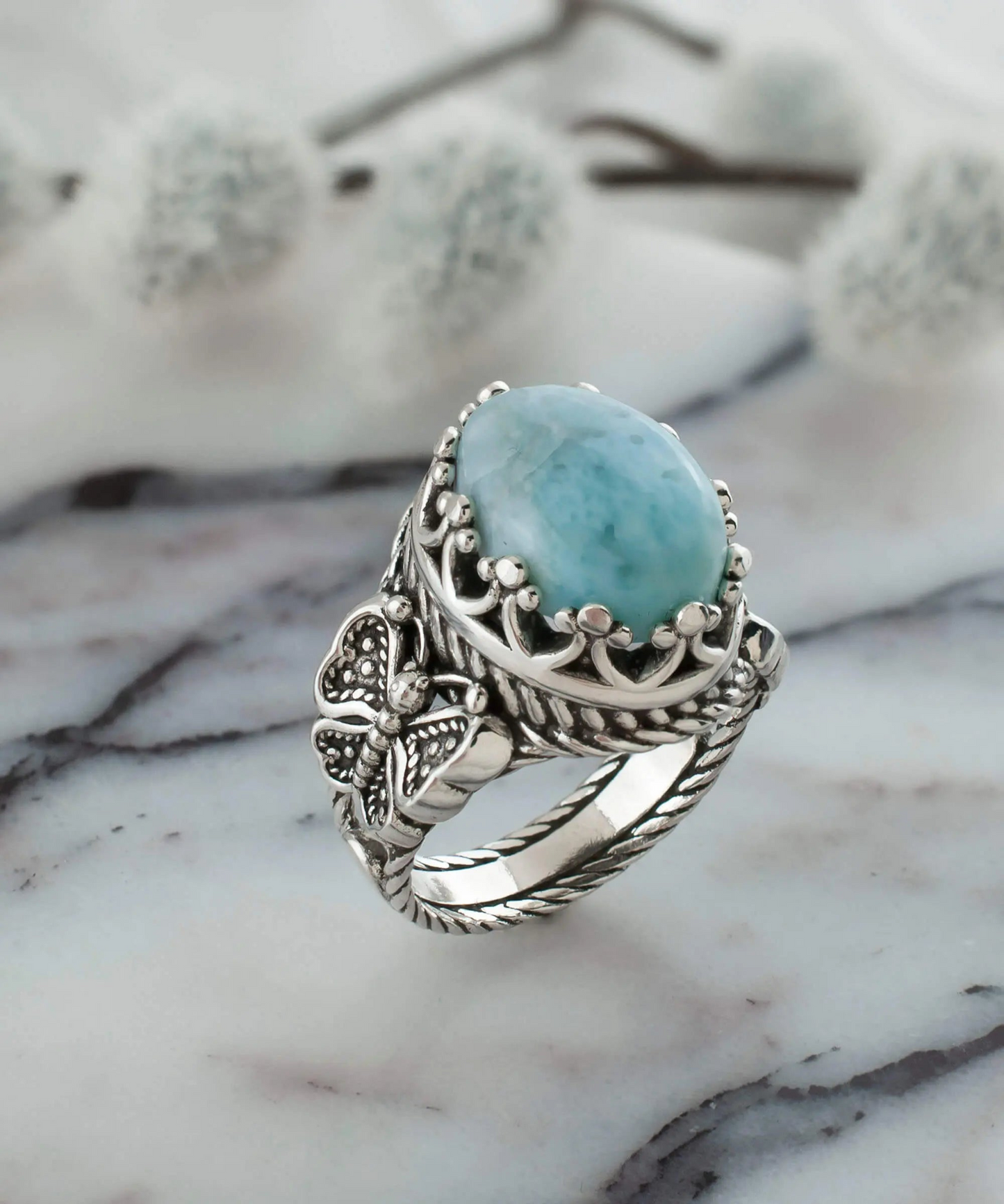 FiligranIst - Larimar Gemstone Filigree Art Double Butterfly Detailed Women's Silver Statement Ring